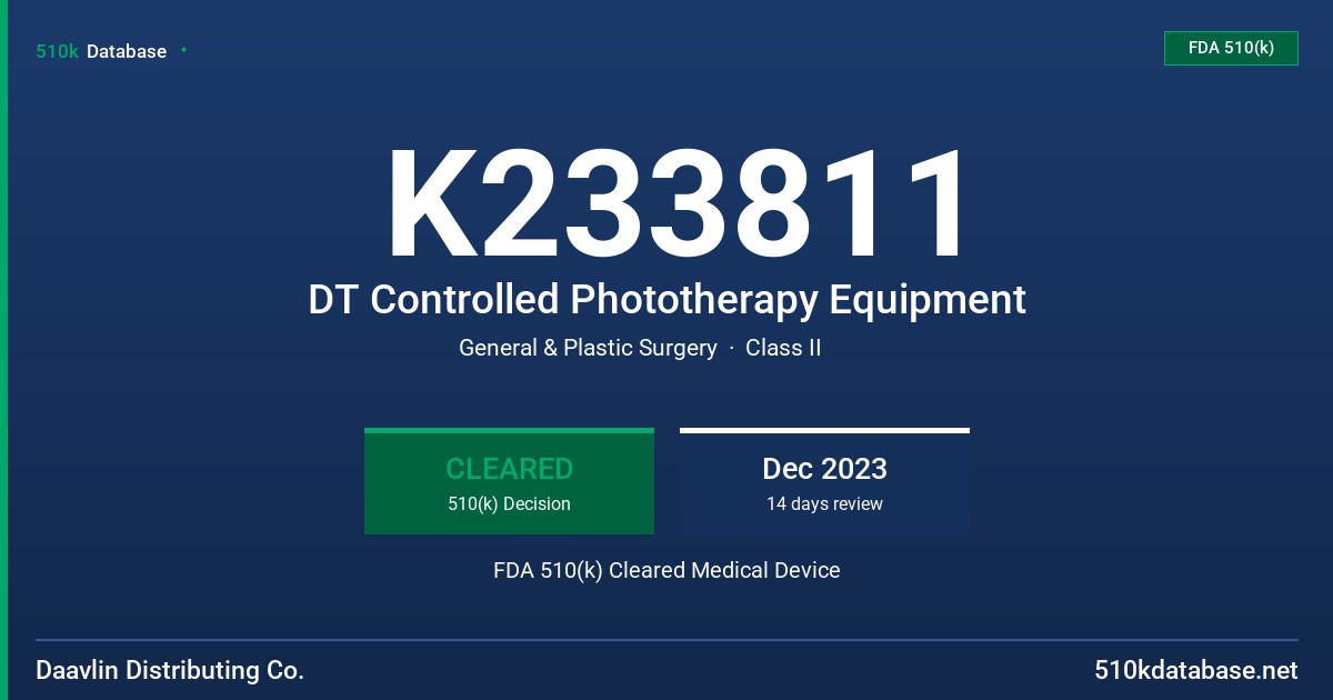 K233811 DT Controlled Phototherapy Equipment FDA 510(k) Cleared Medical Device