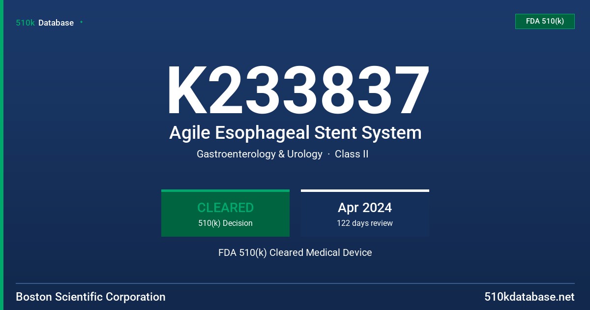 K233837 Agile Esophageal Stent System FDA 510(k) Cleared Medical Device