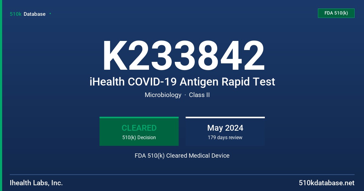 K233842 iHealth COVID-19 Antigen Rapid Test FDA 510(k) Cleared Medical Device