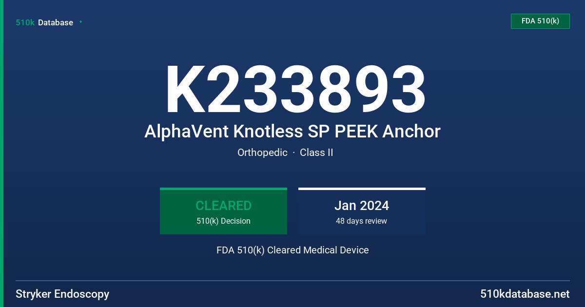 K233893 AlphaVent Knotless SP PEEK Anchor FDA 510(k) Cleared Medical Device