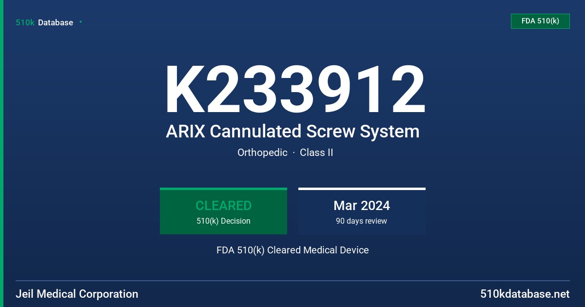 K233912 ARIX Cannulated Screw System FDA 510(k) Cleared Medical Device