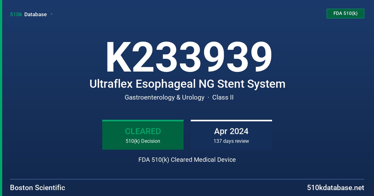 K233939 Ultraflex Esophageal NG Stent System FDA 510(k) Cleared Medical Device