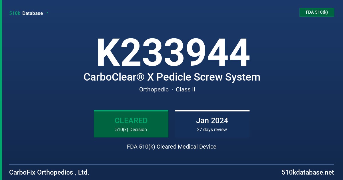 K233944 CarboClear® X Pedicle Screw System FDA 510(k) Cleared Medical Device