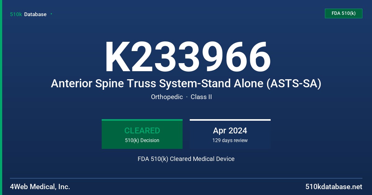 K233966 Anterior Spine Truss System-Stand Alone (ASTS-SA) FDA 510(k) Cleared Medical Device