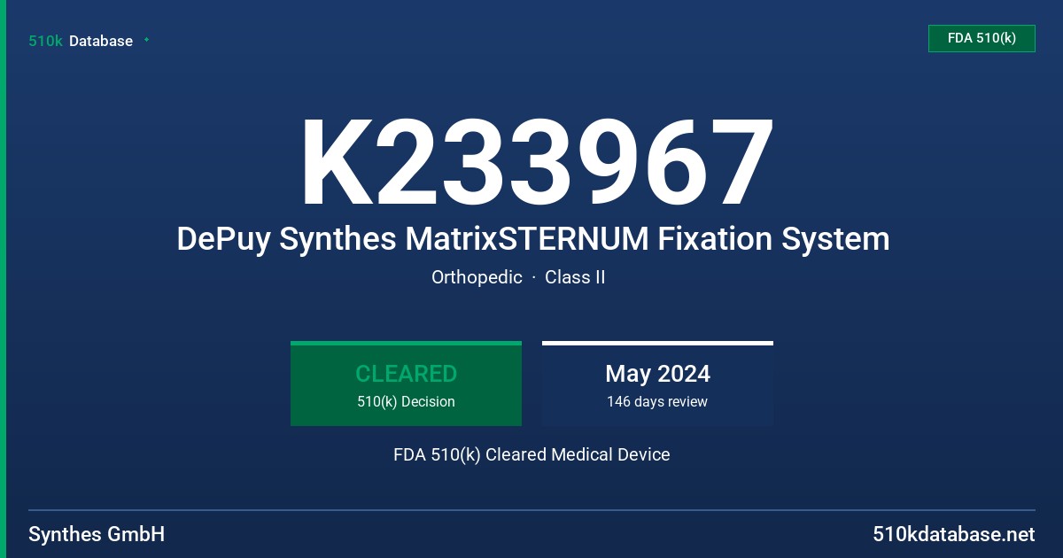 K233967 DePuy Synthes MatrixSTERNUM Fixation System FDA 510(k) Cleared Medical Device