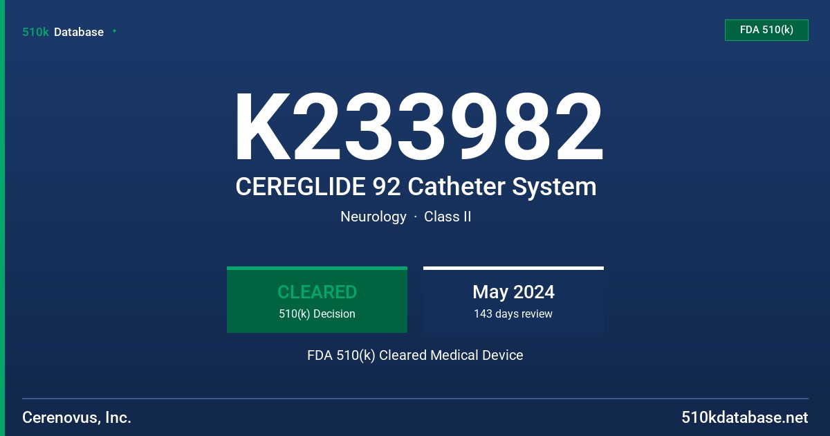 K233982 CEREGLIDE 92 Catheter System FDA 510(k) Cleared Medical Device
