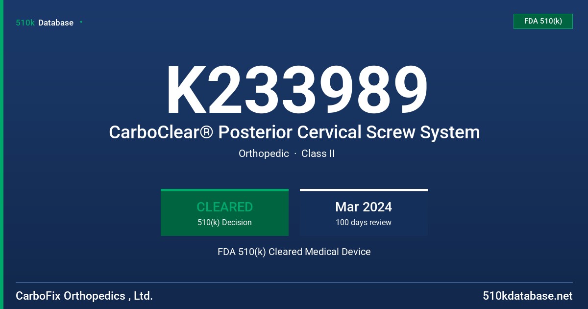 K233989 CarboClear® Posterior Cervical Screw System FDA 510(k) Cleared Medical Device