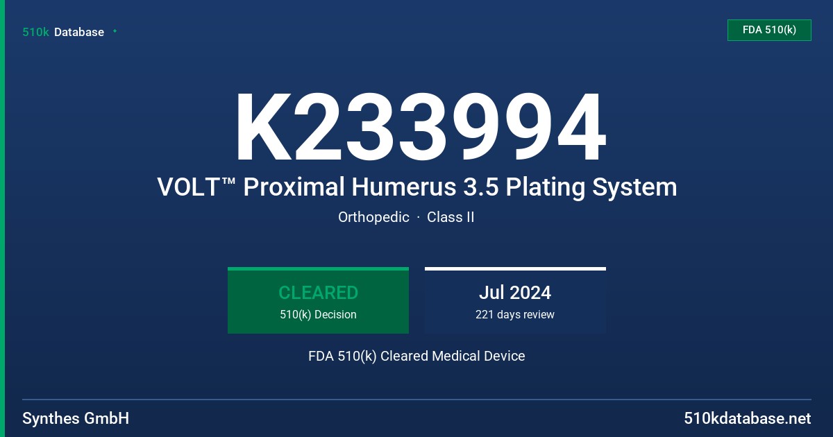 K233994 VOLT™ Proximal Humerus 3.5 Plating System FDA 510(k) Cleared Medical Device
