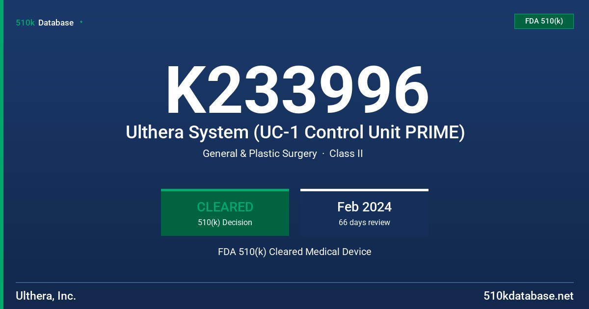 K233996 Ulthera System (UC-1 Control Unit PRIME) FDA 510(k) Cleared Medical Device
