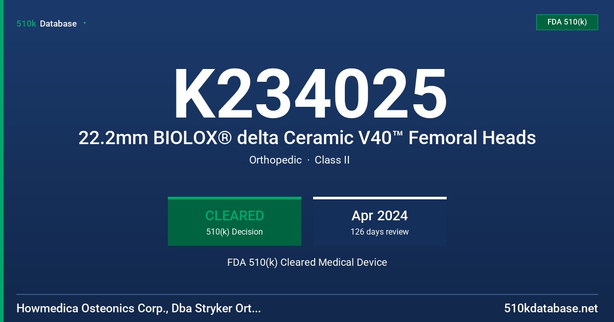 K234025 22.2mm BIOLOX® delta Ceramic V40™ Femoral Heads FDA 510(k) Cleared Medical Device