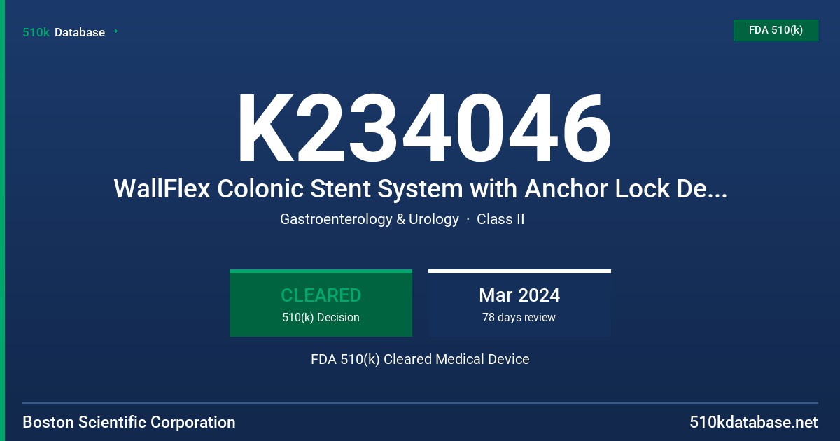 K234046 WallFlex Colonic Stent System with Anchor Lock Delivery System FDA 510(k) Cleared Medical Device