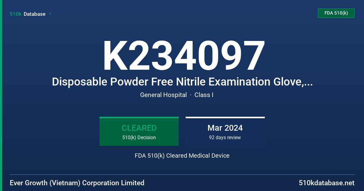 K234097 Disposable Powder Free Nitrile Examination Glove, Natural Blue Color, Tested for Use with Chemotherapy Drugs and Fentanyl Citrate FDA 510(k) Cleared Medical Device