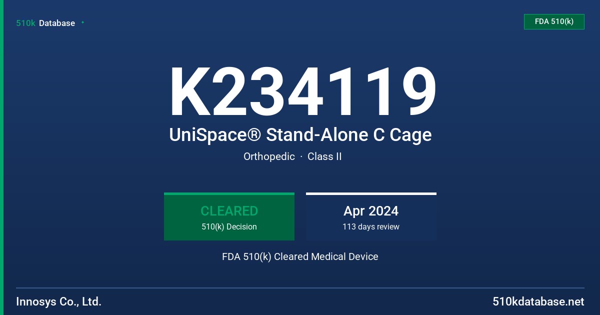 K234119 UniSpace® Stand-Alone C Cage FDA 510(k) Cleared Medical Device