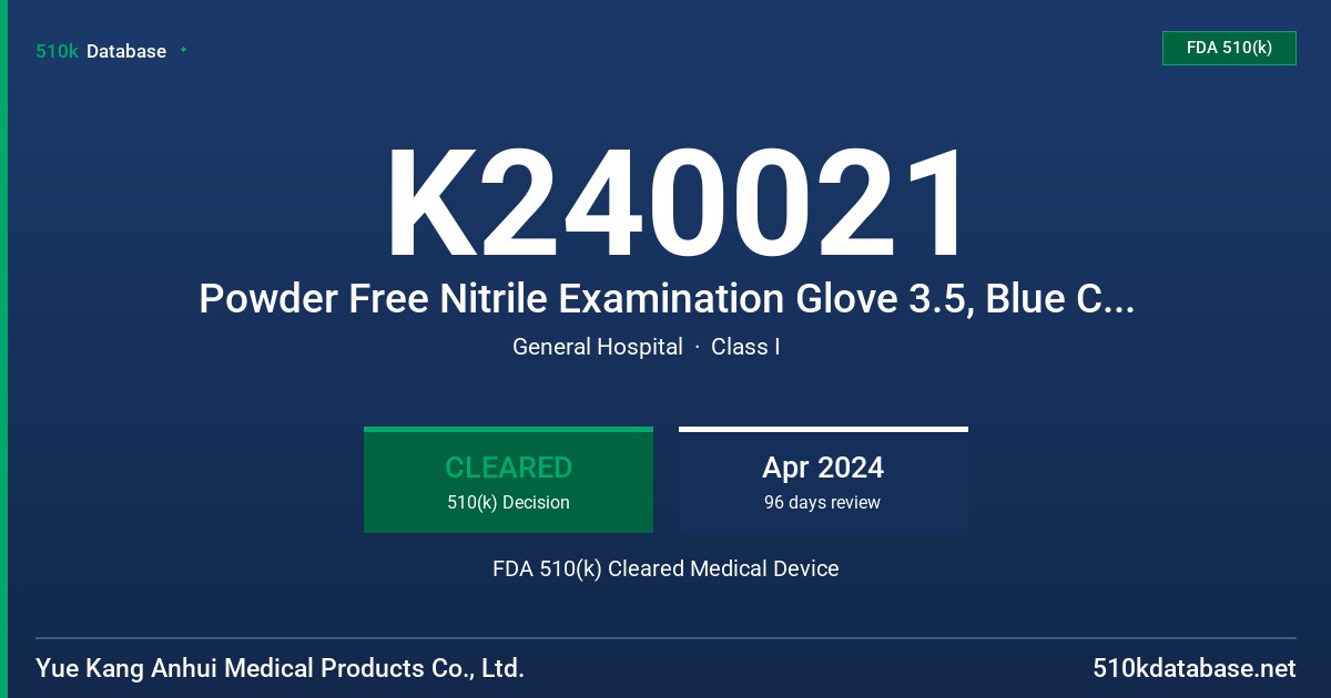K240021 Powder Free Nitrile Examination Glove 3.5, Blue Color, Non-Sterile, and Tested for Use with Chemotherapy Drugs and Fentanyl Citrate FDA 510(k) Cleared Medical Device