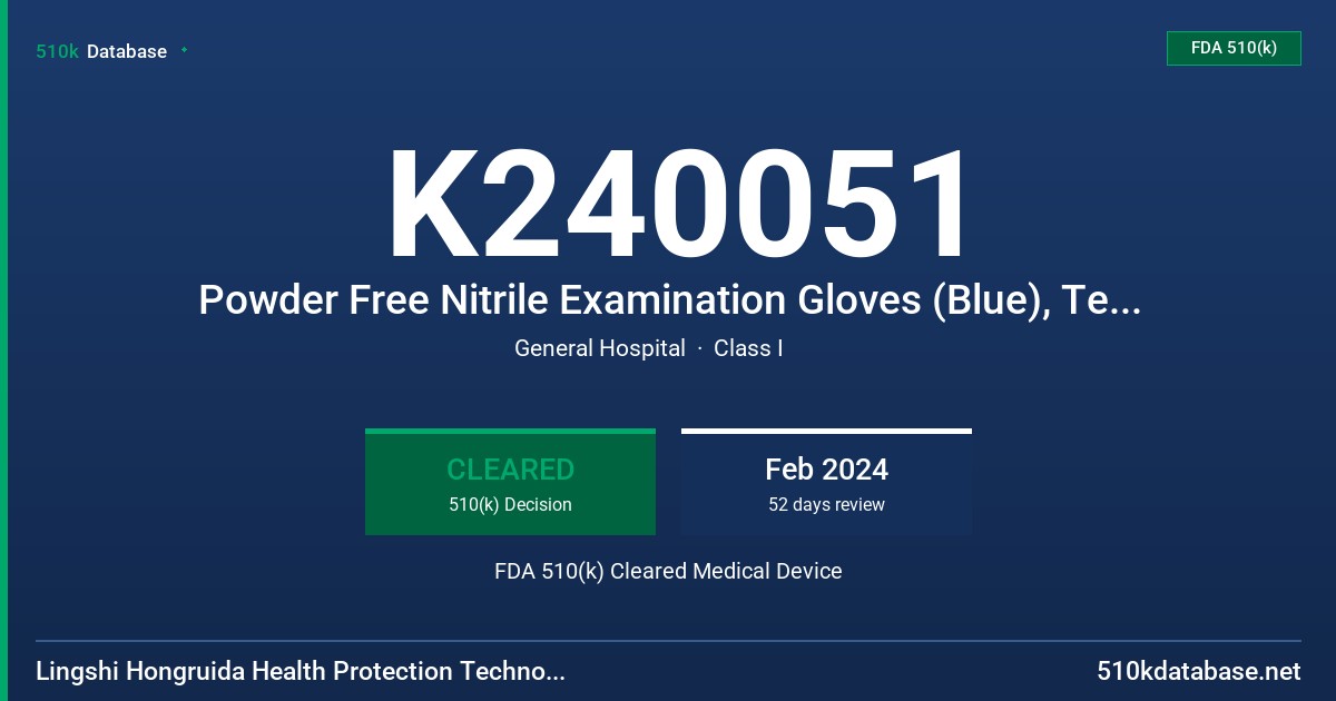 K240051 Powder Free Nitrile Examination Gloves (Blue), Tested For Use With Chemotherapy Drugs, Fentanyl Citrate, and Select Other Drugs FDA 510(k) Cleared Medical Device