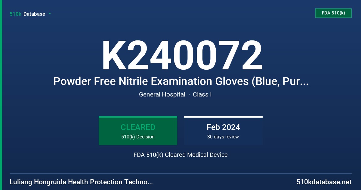 K240072 Powder Free Nitrile Examination Gloves (Blue, Purple-Blue), Tested For Use With Chemotherapy Drugs and Fentanyl Citrate FDA 510(k) Cleared Medical Device
