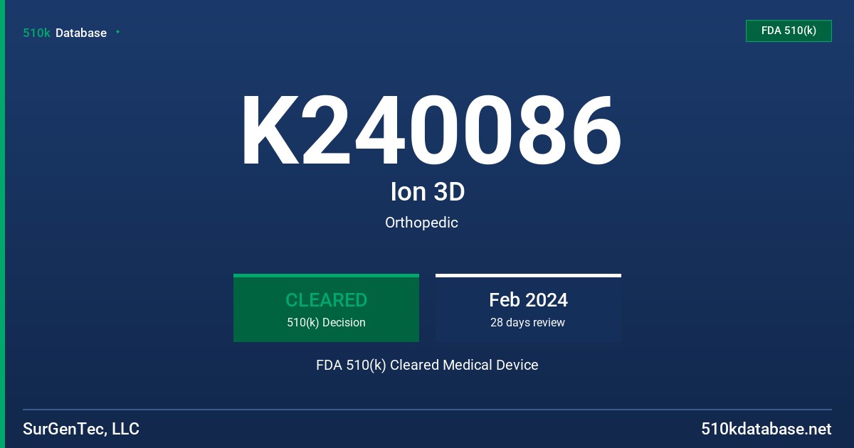 K240086 Ion 3D FDA 510(k) Cleared Medical Device
