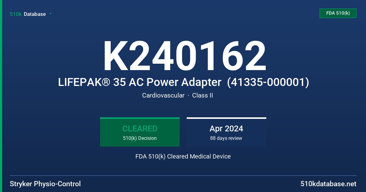 K240162 LIFEPAK® 35 AC Power Adapter  (41335-000001) FDA 510(k) Cleared Medical Device
