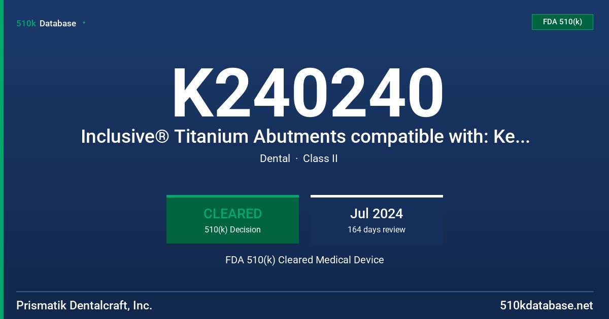 K240240 Inclusive® Titanium Abutments compatible with: Keystone® Dental PrimaConnex®, Neodent® GM, Straumann® BLX, Implant Direct® Legacy®, Implant Direct® InterActive®, Implant Direct® RePlant® Implant Systems FDA 510(k) Cleared Medical Device