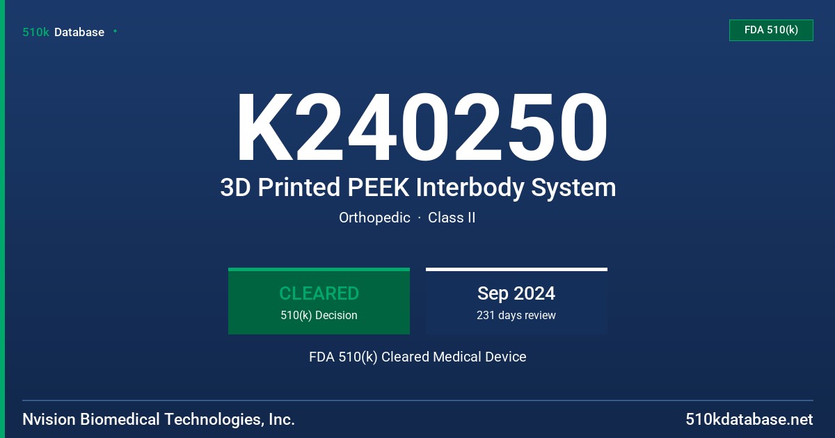 K240250 3D Printed PEEK Interbody System FDA 510(k) Cleared Medical Device