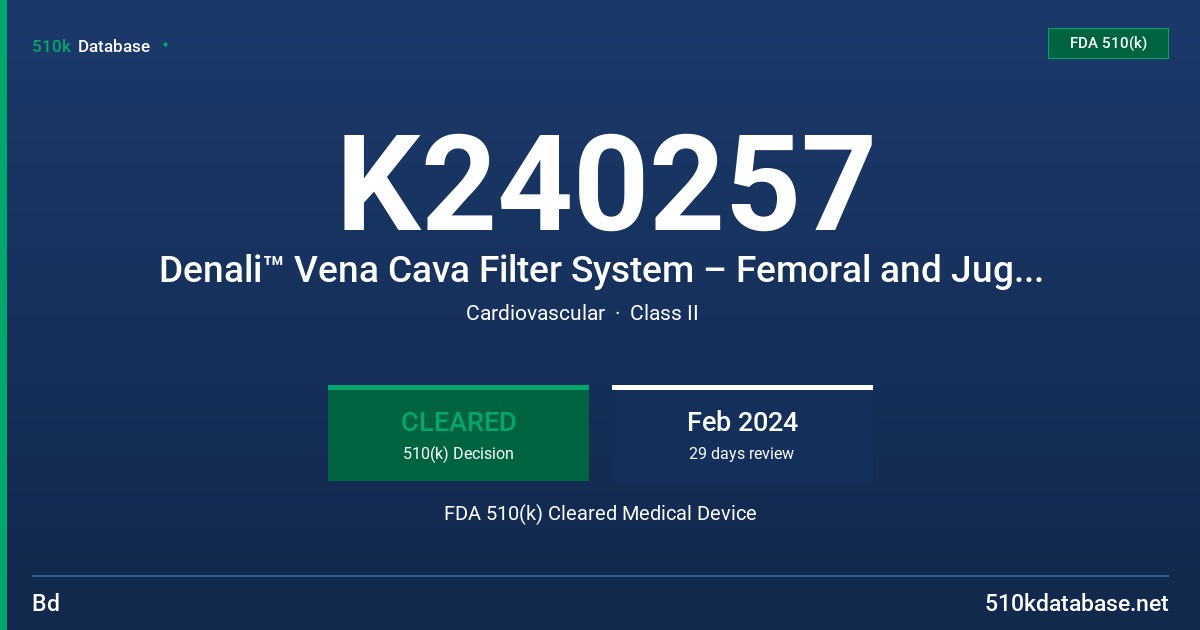 K240257 Denali™ Vena Cava Filter System – Femoral and Jugular/Subclavian Delivery Kit FDA 510(k) Cleared Medical Device