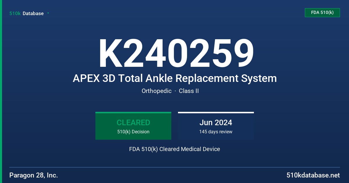K240259 APEX 3D Total Ankle Replacement System FDA 510(k) Cleared Medical Device