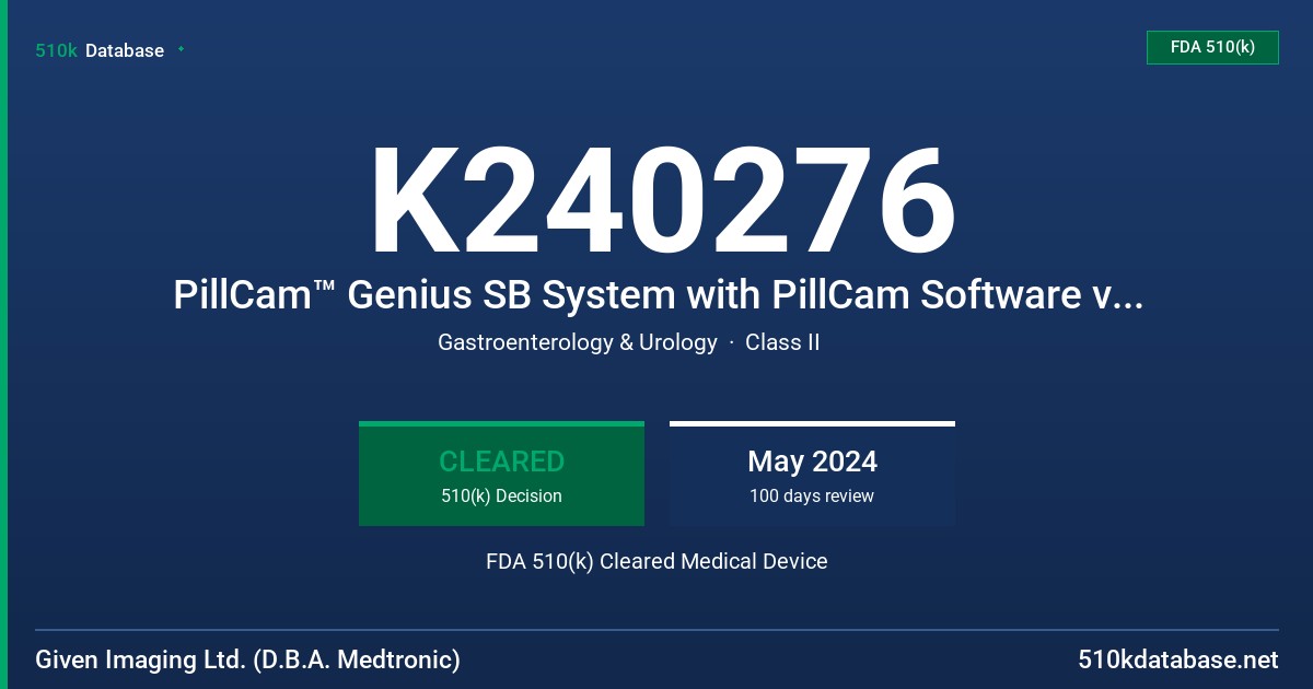 K240276 PillCam™ Genius SB System with PillCam Software v9.7 and PillCam Cloud Reader Software FDA 510(k) Cleared Medical Device