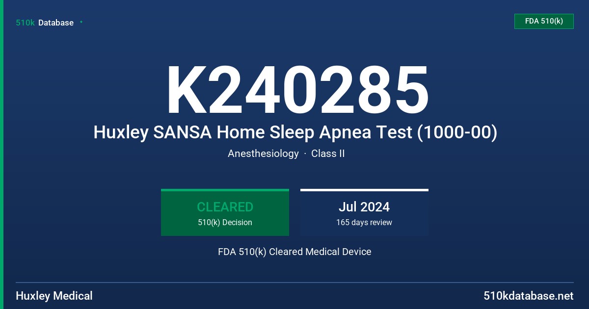 K240285 Huxley SANSA Home Sleep Apnea Test (1000-00) FDA 510(k) Cleared Medical Device