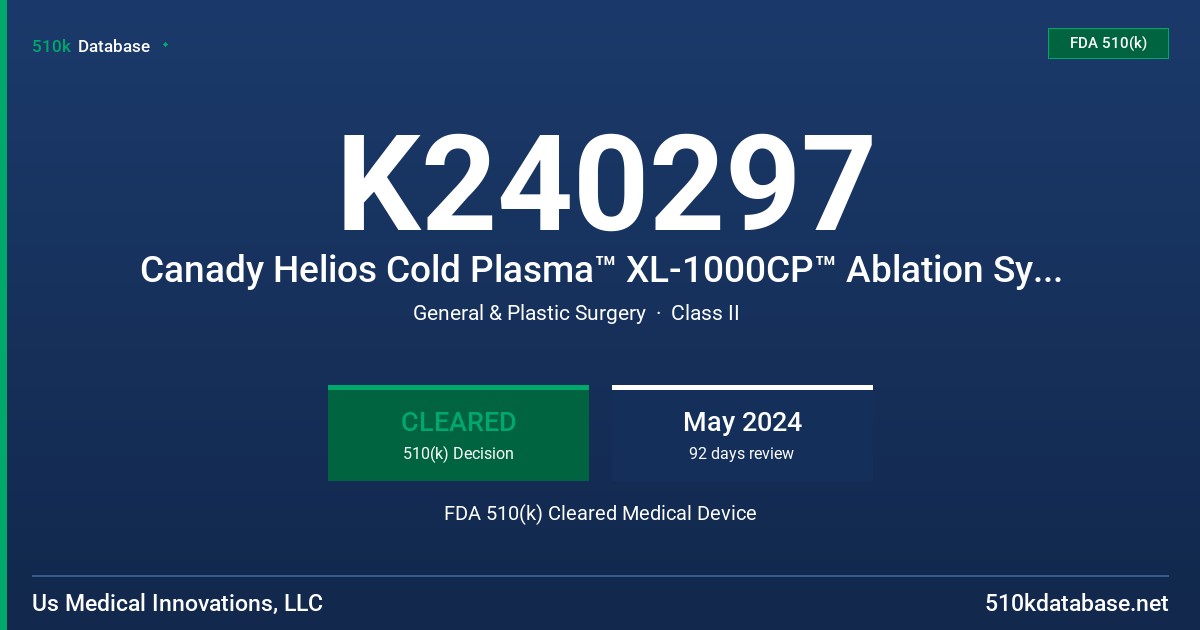 K240297 Canady Helios Cold Plasma™ XL-1000CP™ Ablation System (XL-1000CPSYS) FDA 510(k) Cleared Medical Device