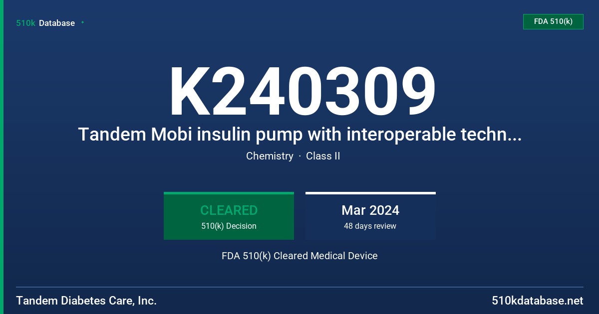 K240309 Tandem Mobi insulin pump with interoperable technology FDA 510(k) Cleared Medical Device