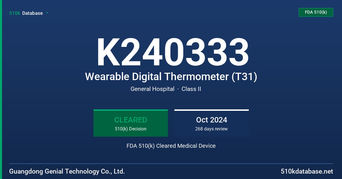 K240333 Wearable Digital Thermometer (T31) FDA 510(k) Cleared Medical Device