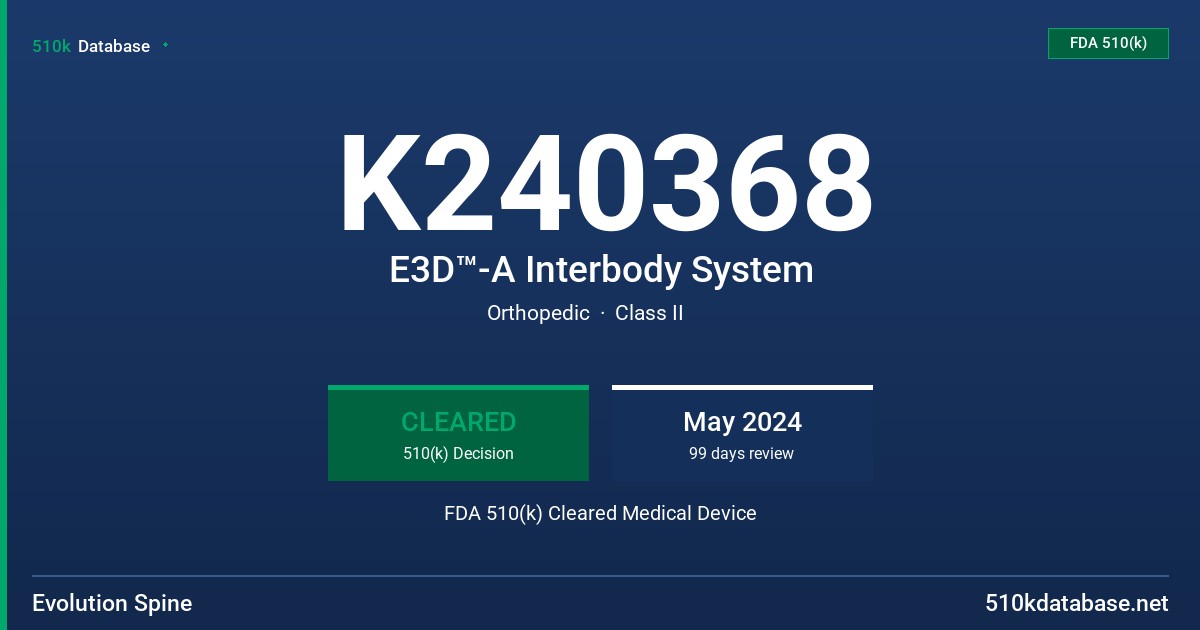 K240368 E3D™-A Interbody System FDA 510(k) Cleared Medical Device