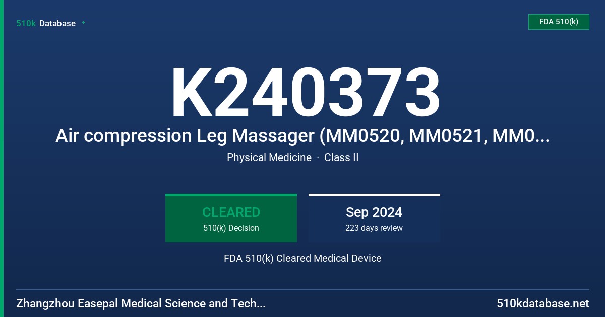 K240373 Air compression Leg Massager (MM0520, MM0521, MM0522) FDA 510(k) Cleared Medical Device