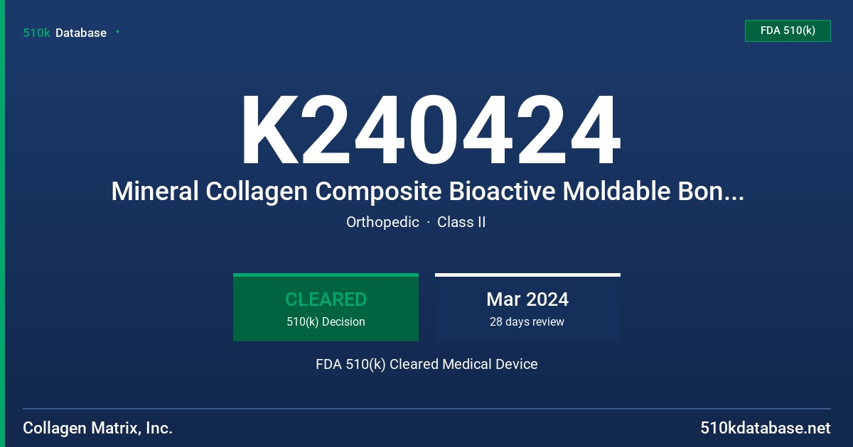 K240424 Mineral Collagen Composite Bioactive Moldable Bone Graft Matrix FDA 510(k) Cleared Medical Device
