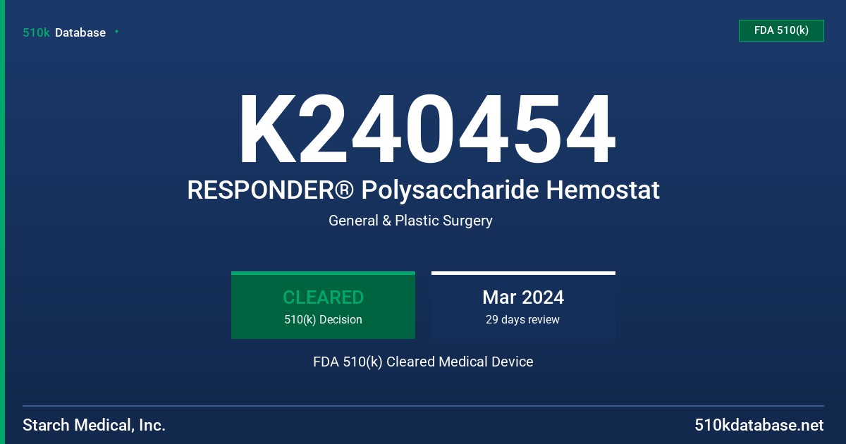 K240454 RESPONDER® Polysaccharide Hemostat FDA 510(k) Cleared Medical Device
