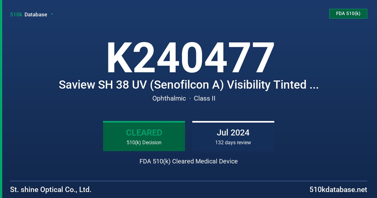 K240477 Saview SH 38 UV (Senofilcon A) Visibility Tinted Soft (Hydrophilic) Contact Lens FDA 510(k) Cleared Medical Device