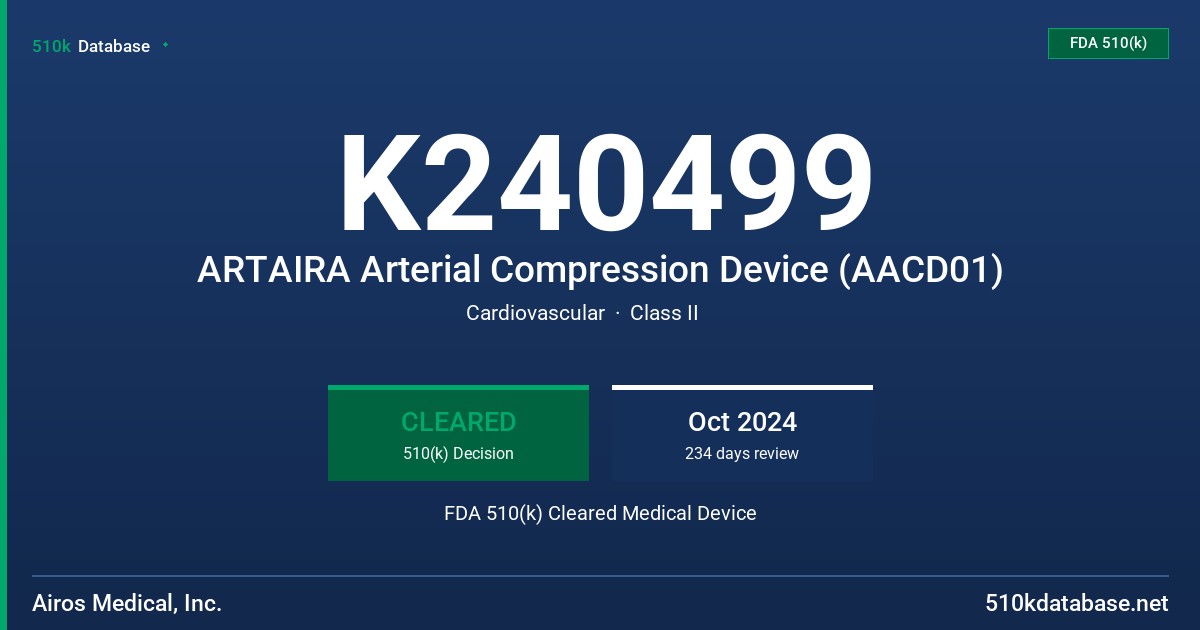K240499 ARTAIRA Arterial Compression Device (AACD01) FDA 510(k) Cleared Medical Device