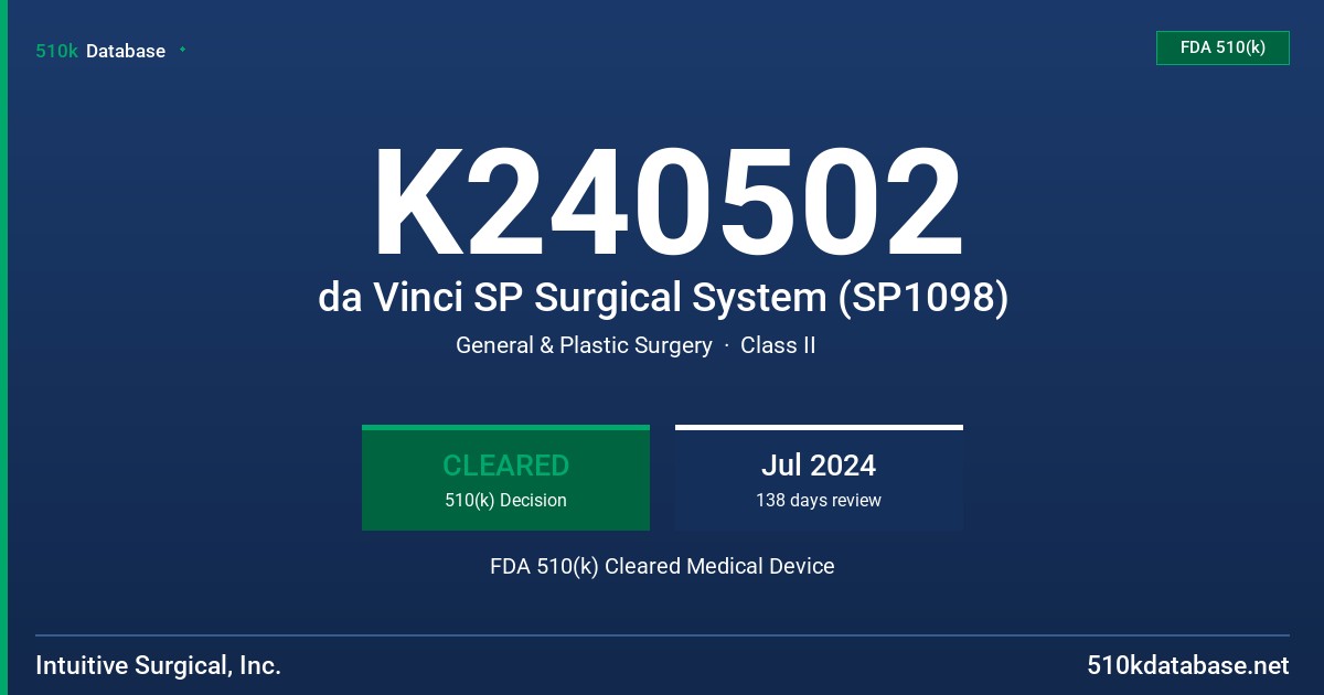 K240502 da Vinci SP Surgical System (SP1098) FDA 510(k) Cleared Medical Device