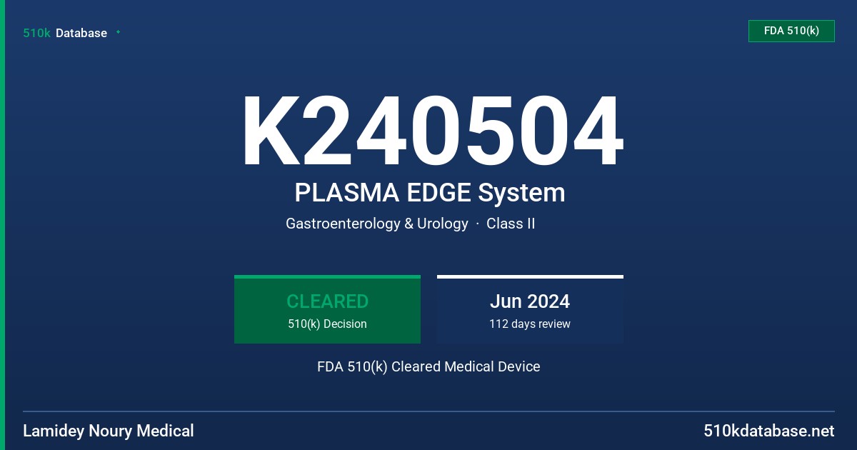 K240504 PLASMA EDGE System FDA 510(k) Cleared Medical Device