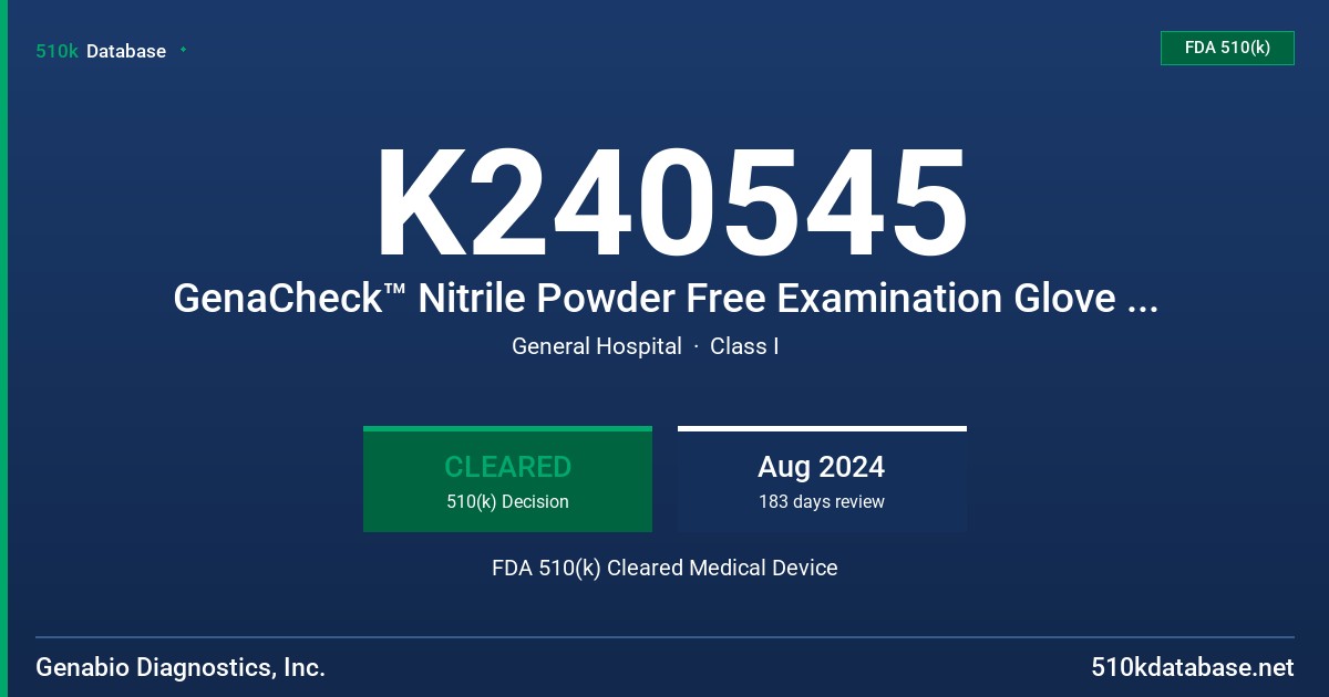 K240545 GenaCheck™ Nitrile Powder Free Examination Glove Tested for Use with Chemotherapy Drugs and Fentanyl Citrate (XS/S/M/L/XL) FDA 510(k) Cleared Medical Device