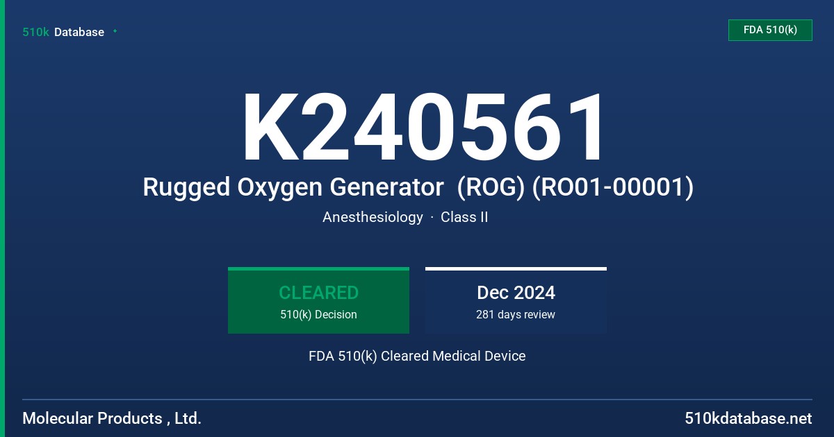 K240561 Rugged Oxygen Generator  (ROG) (RO01-00001) FDA 510(k) Cleared Medical Device