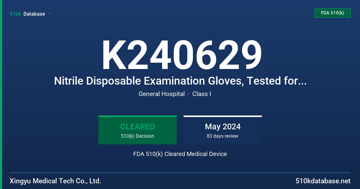 K240629 Nitrile Disposable Examination Gloves, Tested for Use with Chemotherapy Drugs and Fentanyl FDA 510(k) Cleared Medical Device