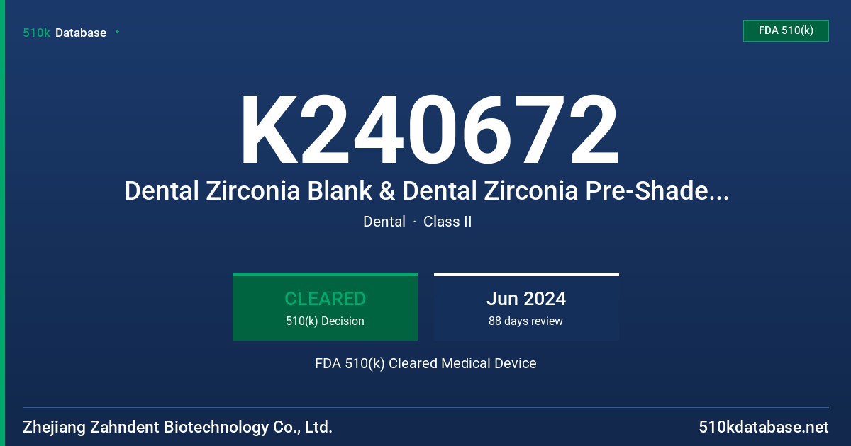 K240672 Dental Zirconia Blank & Dental Zirconia Pre-Shaded Blank ( ZD-HT-PLUS, ZD-ST, ZD-SHT, ZD-HT-C, ZD-ST-C, ZD-SHT-C, ZD-UT-C, ZD-ST-ML, ZD-SHT-ML, ZD-UT-ML, ZD-3D-Pro-ML, ZD-4D-Pro-ML) FDA 510(k) Cleared Medical Device