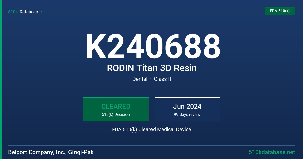 K240688 RODIN Titan 3D Resin FDA 510(k) Cleared Medical Device