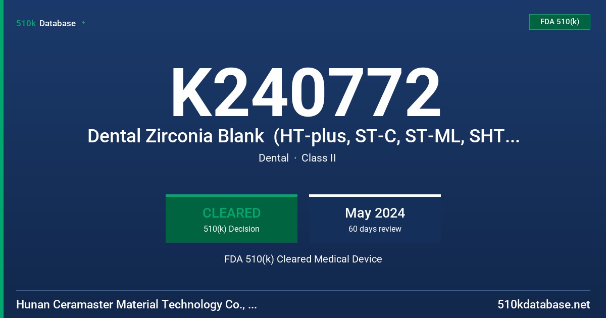 K240772 Dental Zirconia Blank  (HT-plus, ST-C, ST-ML, SHT-C, SHT-ML, UT-C, UT-ML, Pro- ML) FDA 510(k) Cleared Medical Device