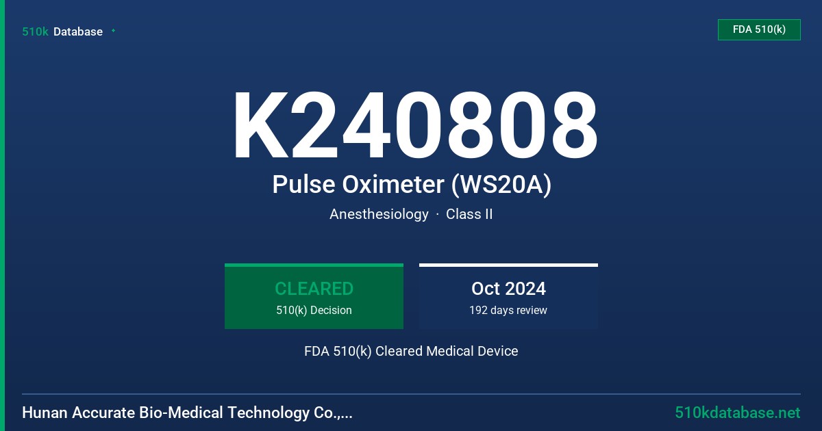 K240808 Pulse Oximeter (WS20A) FDA 510(k) Cleared Medical Device