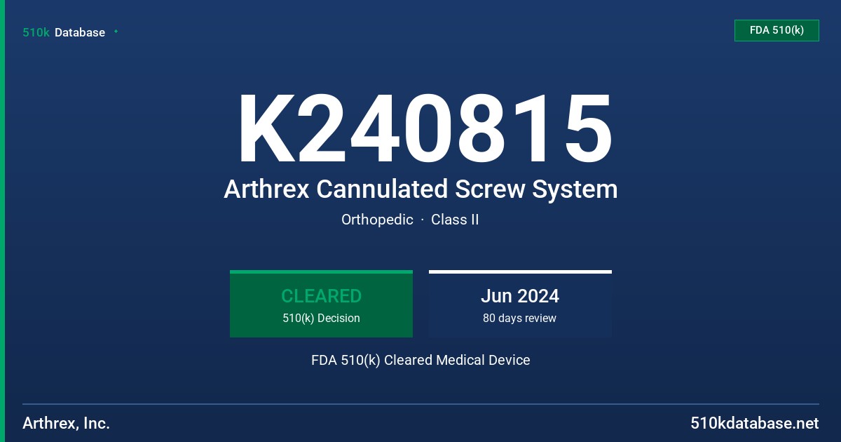 K240815 Arthrex Cannulated Screw System FDA 510(k) Cleared Medical Device