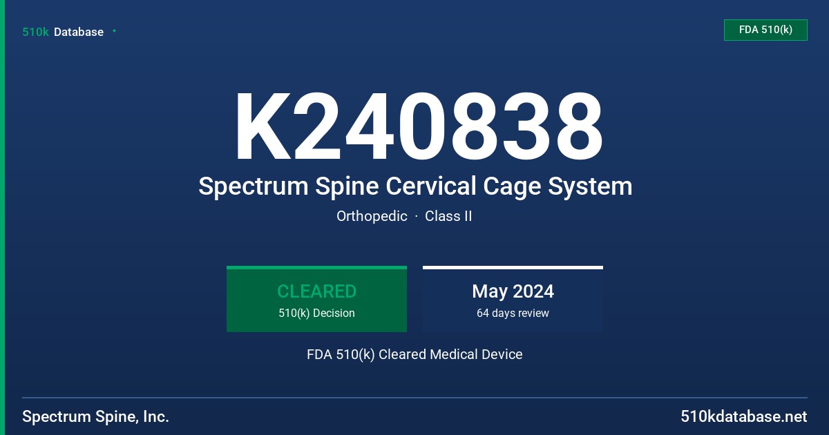 K240838 Spectrum Spine Cervical Cage System FDA 510(k) Cleared Medical Device