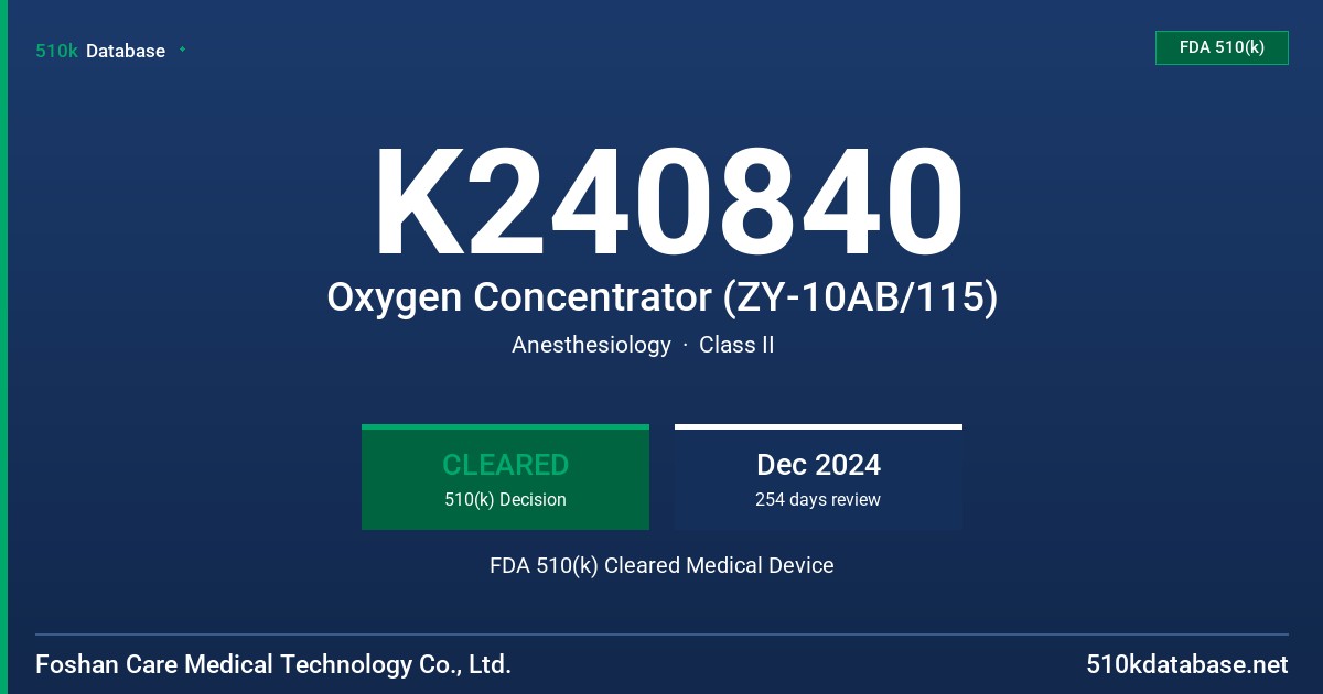 K240840 Oxygen Concentrator (ZY-10AB/115) FDA 510(k) Cleared Medical Device