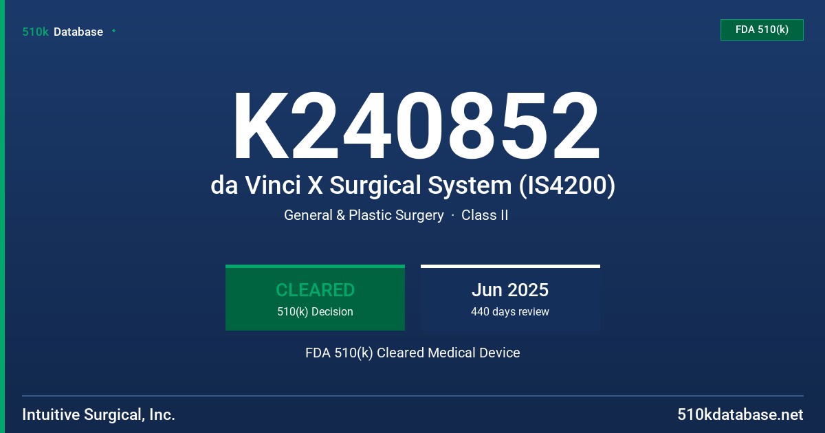 K240852 da Vinci X Surgical System (IS4200) FDA 510(k) Cleared Medical Device
